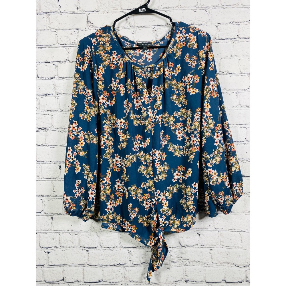 West Kei Blouse Womens Floral Tie Front Top Blue Large Excellent Balloon Sleeve